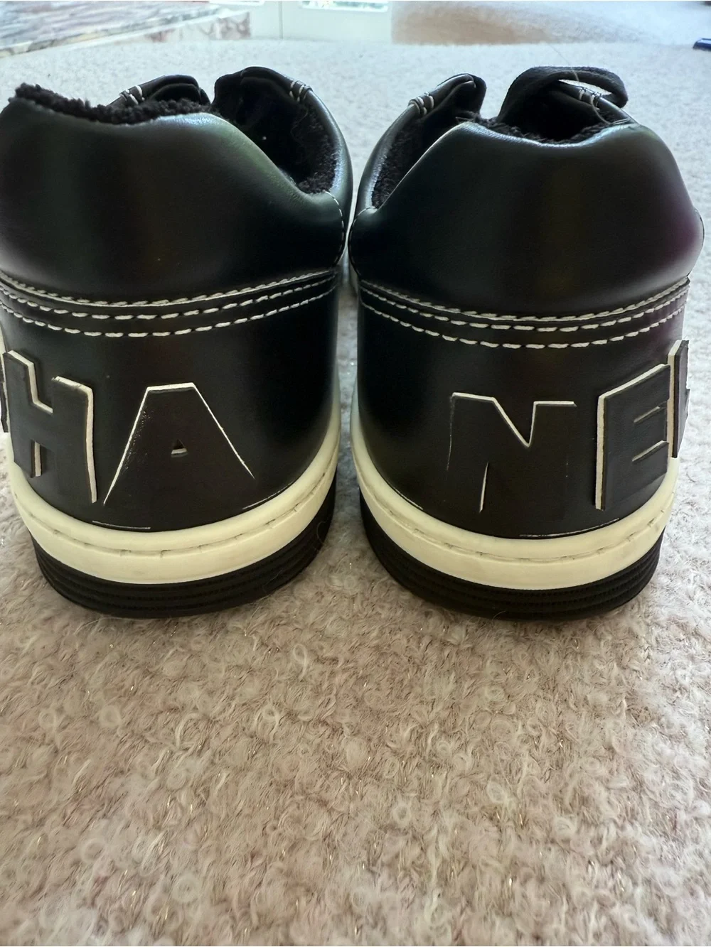 CHANEL Black Leather Low-Top Sneakers with White Stitching size 6 never worn